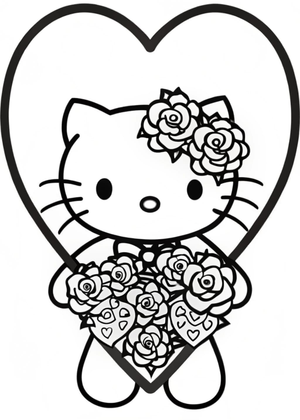 Hello Kitty with a Bouquet of Roses Coloring Page