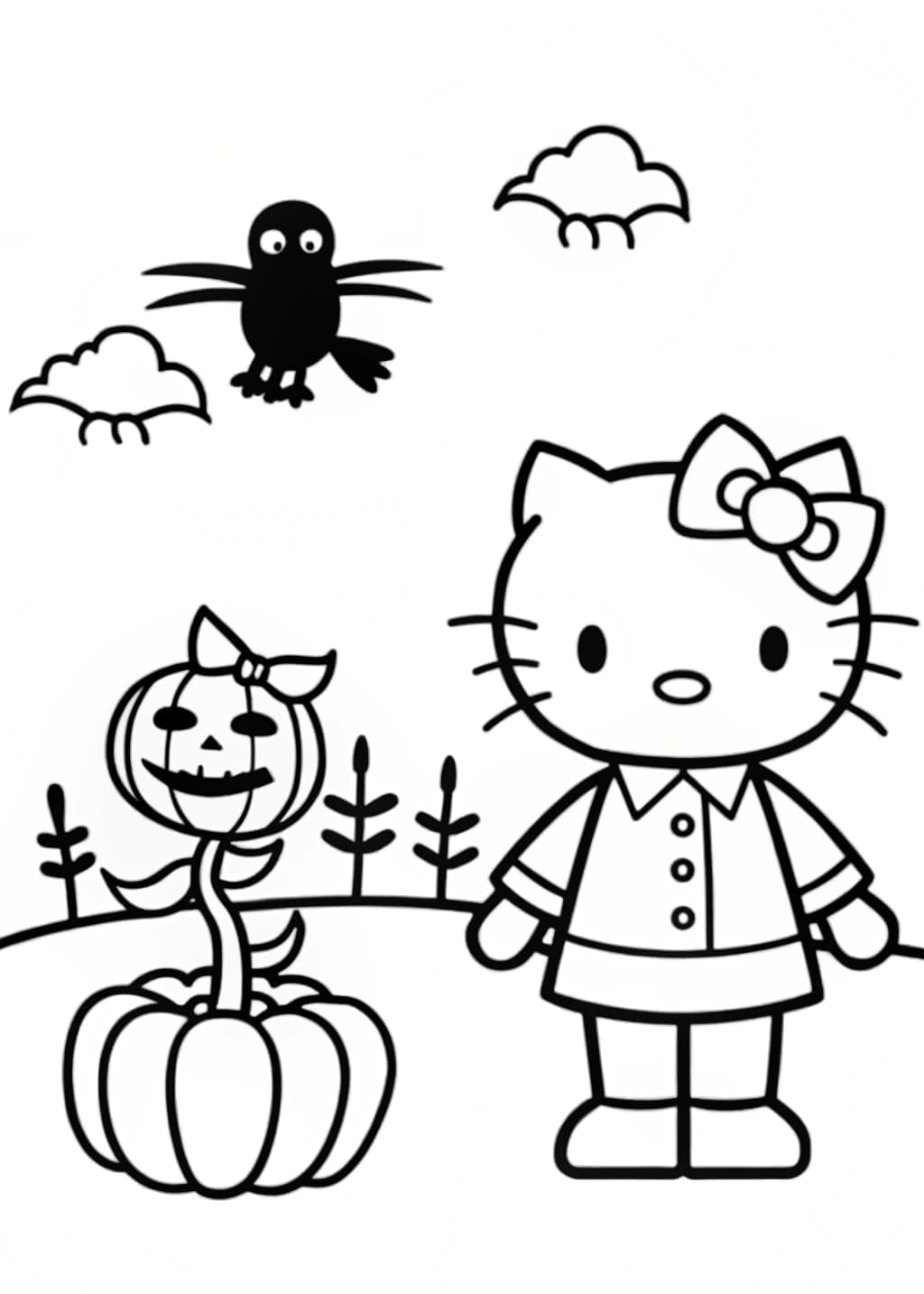 Hello Kitty with a Scarecrow in a Cornfield Coloring Page
