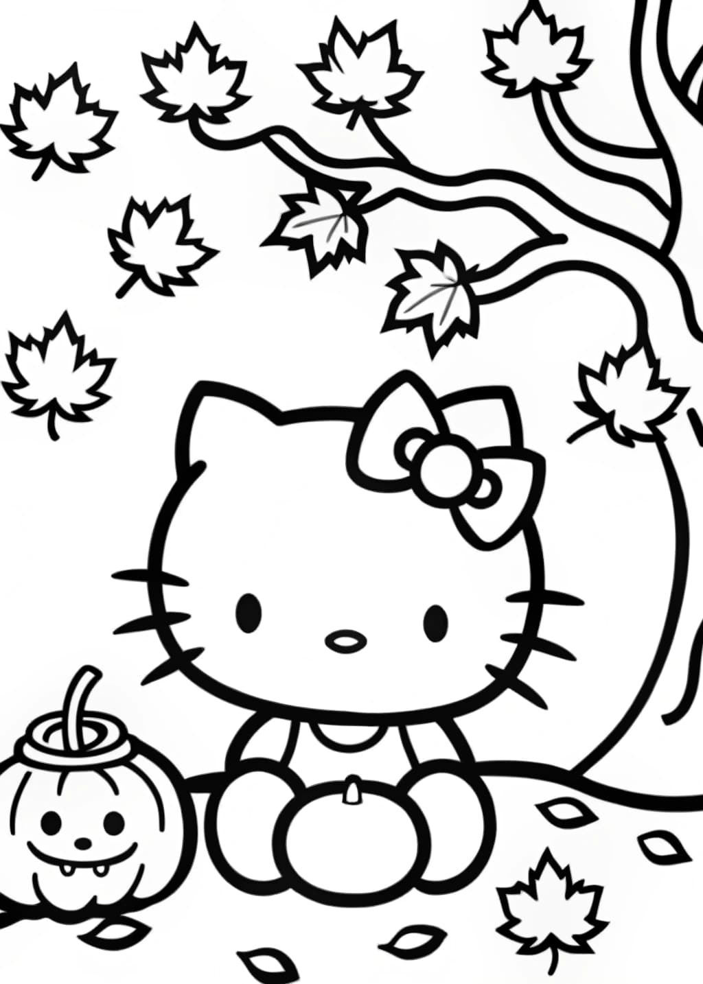 Hello Kitty with Autumn Leaves Coloring Page