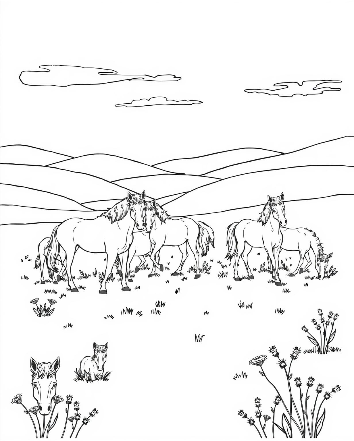 Horse Herd In The Meadow Coloring Page