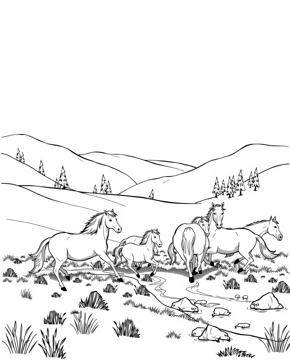 Horses Roaming In The Wild Coloring Page