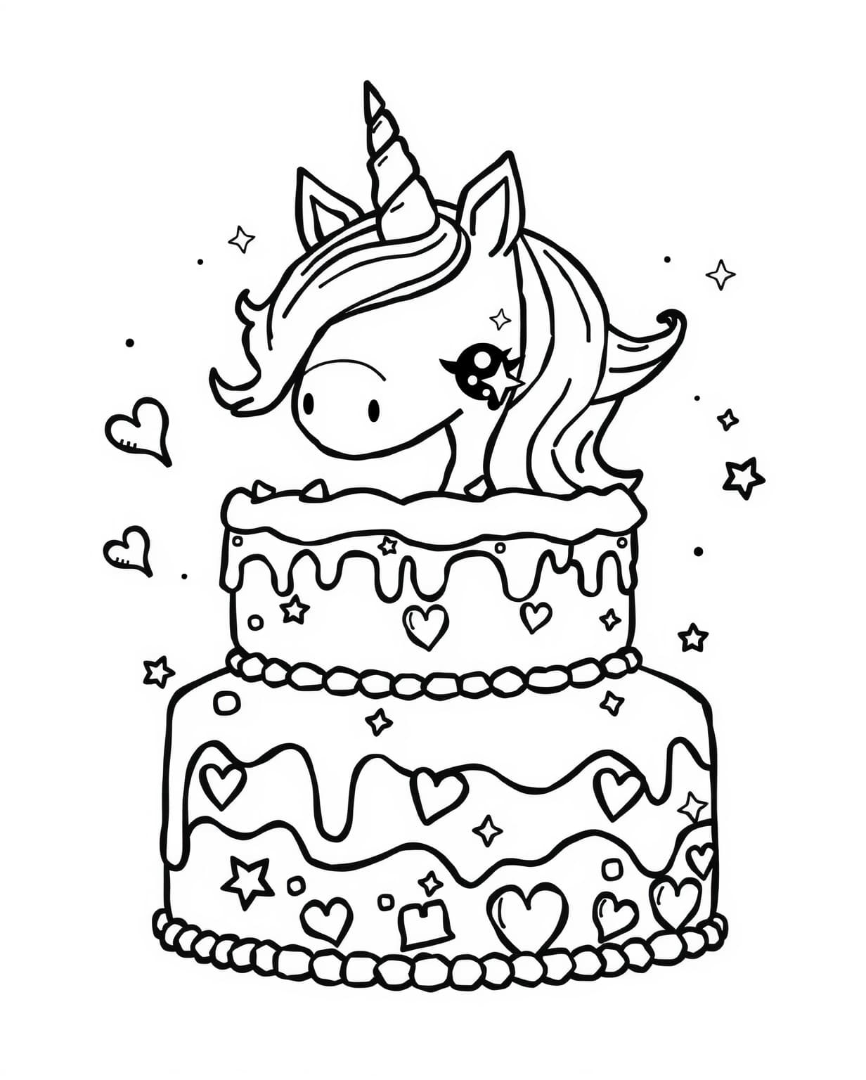 Kawaii Themed Unicorn Cake Coloring Sheet