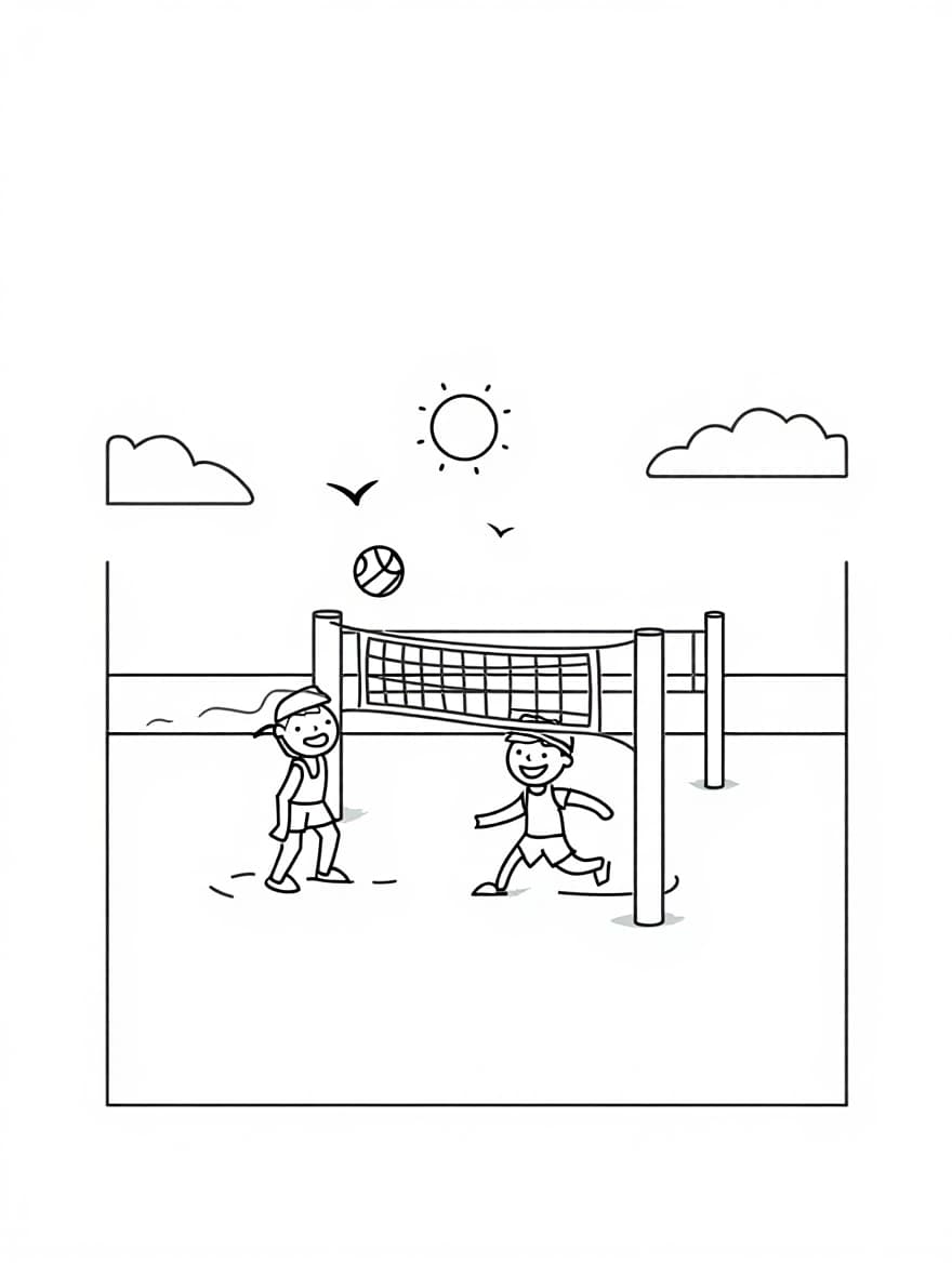 Kids Playing Beach Volleyball Coloring Page