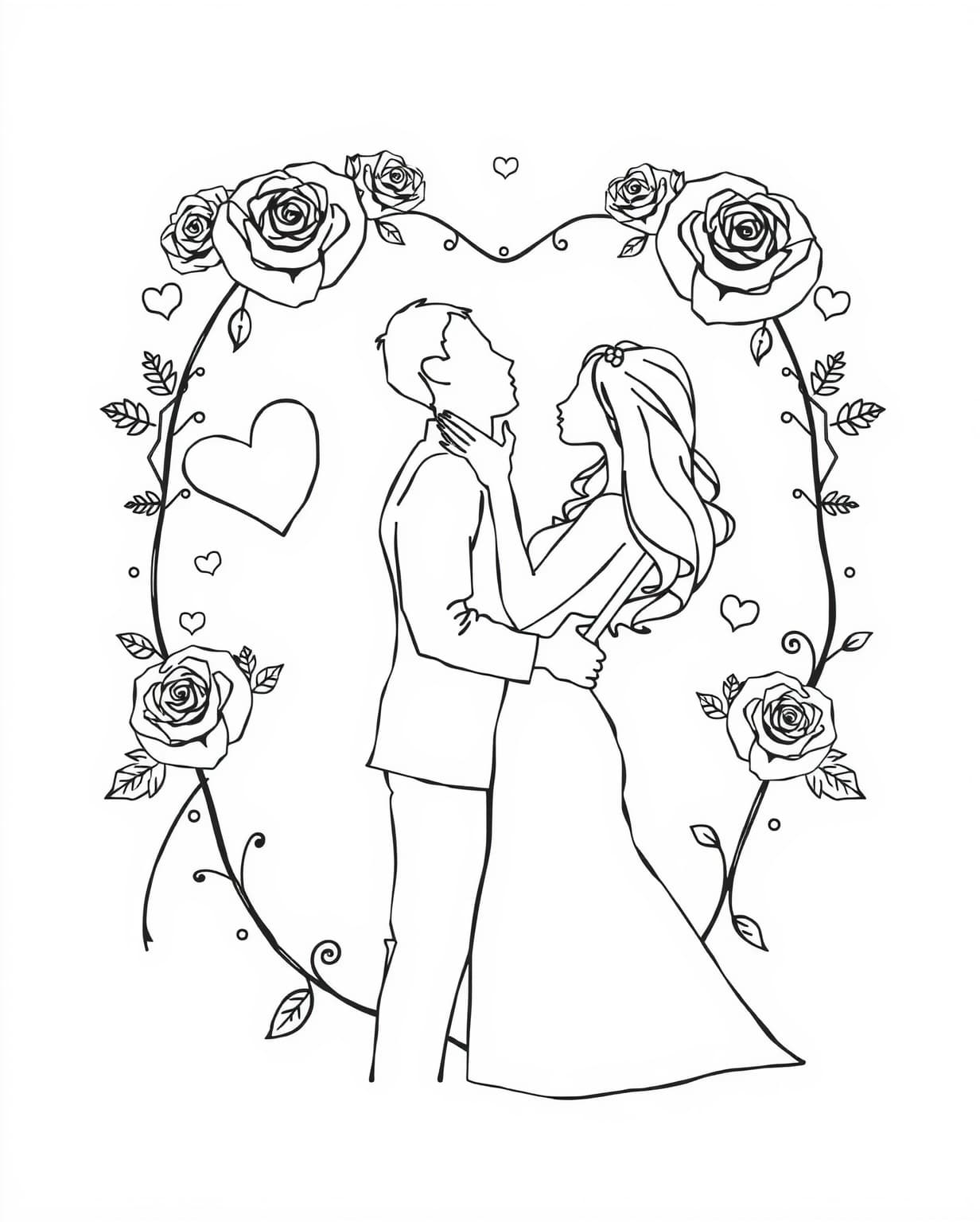 Kissing Valentine Silhouettes Coloring Page
