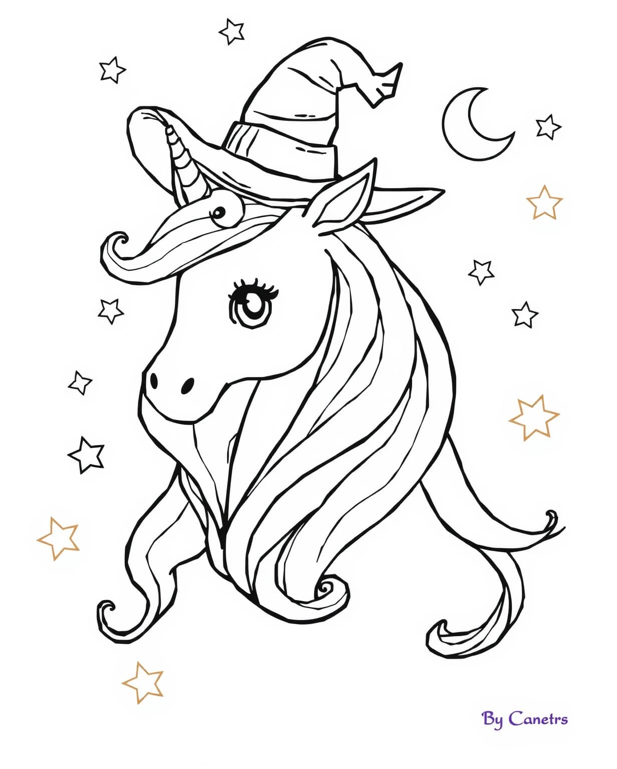 Magical Unicorn With Witches Hat Coloring Page