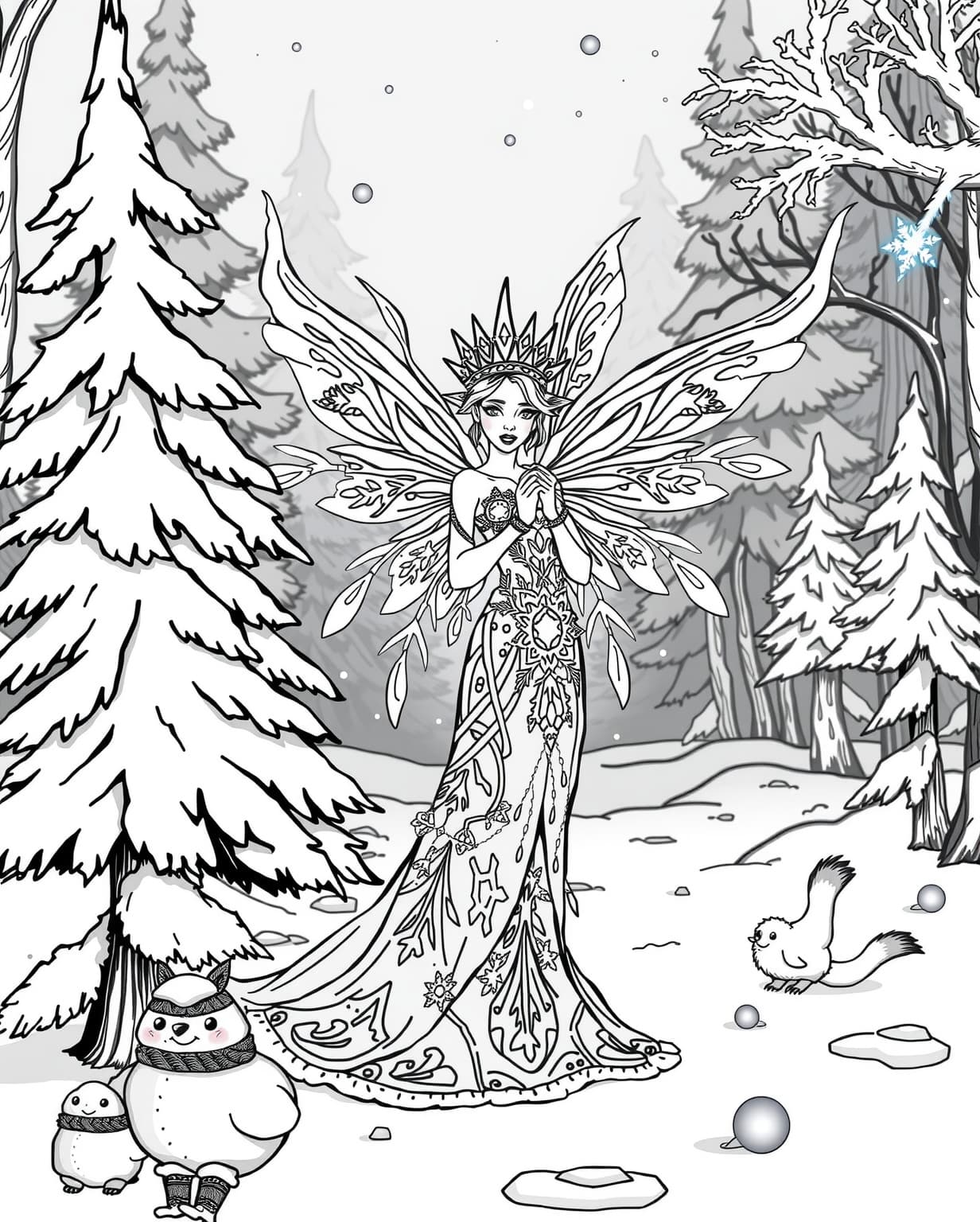 Magical Winter Fairy Scene Coloring Page