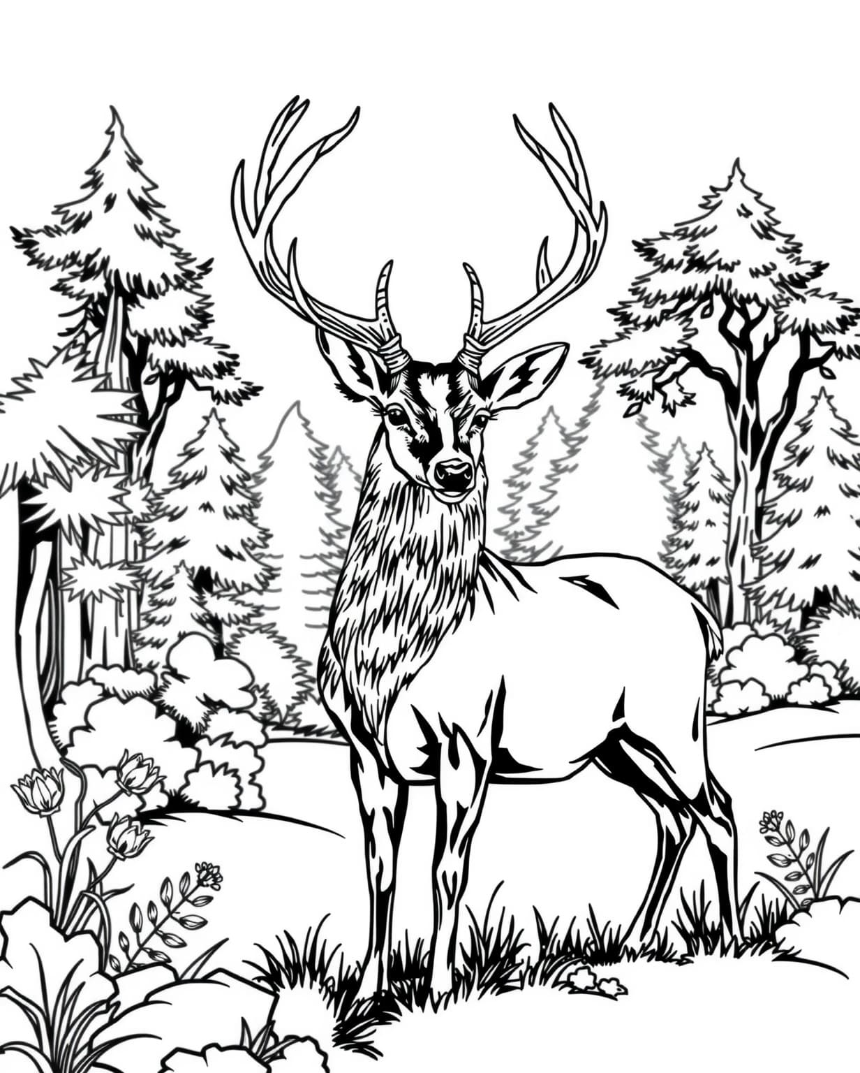 Majestic Deer in a Forest Clearing Coloring Page