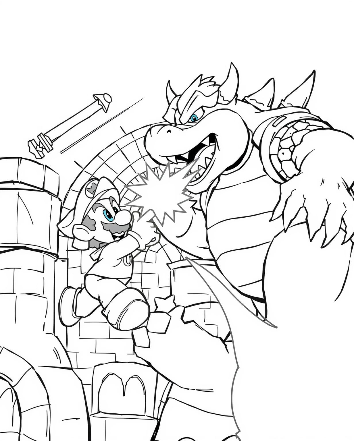 Mario Battling Bowser in a Castle Coloring Page