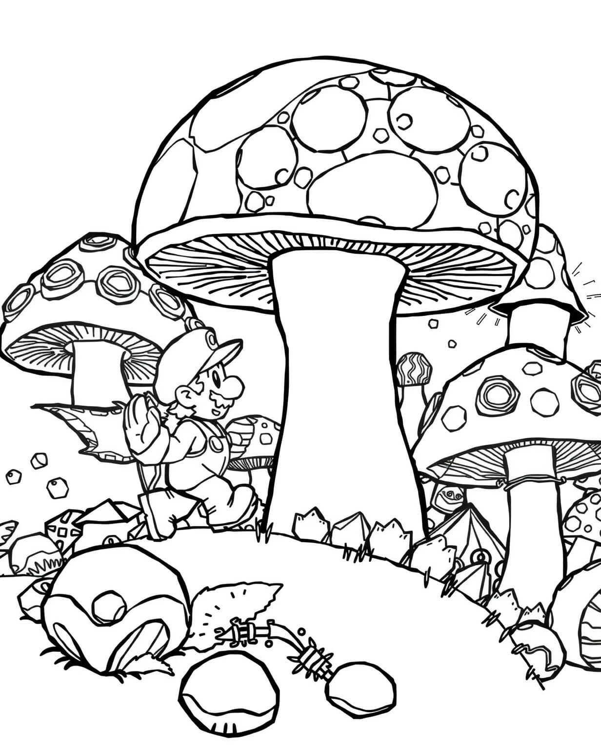 Mario Exploring a Mushroom Forest Coloring Page