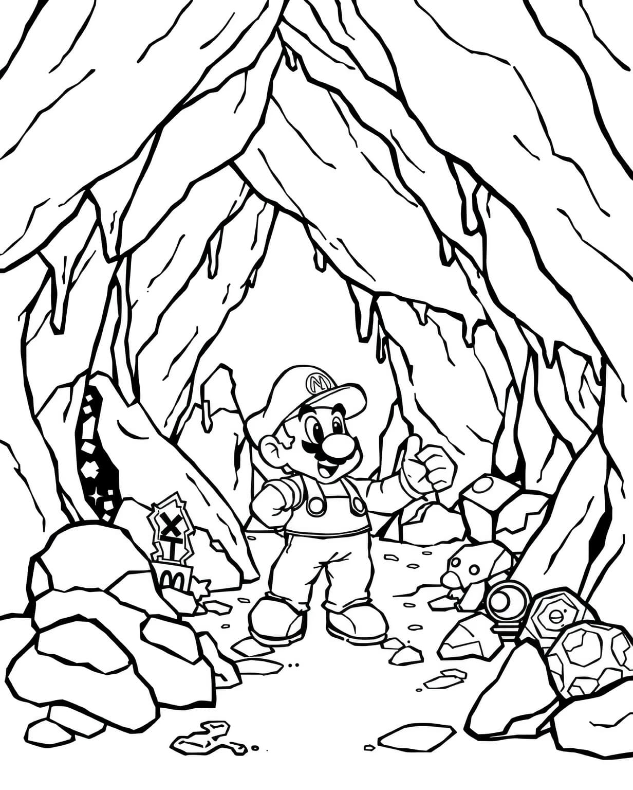 Mario Exploring an Underground Cave Coloring Page