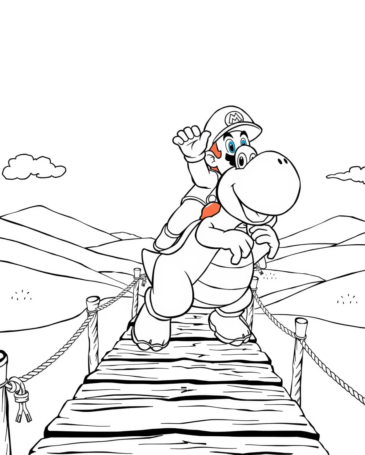 Mario Riding Yoshi Over a Bridge Coloring Page