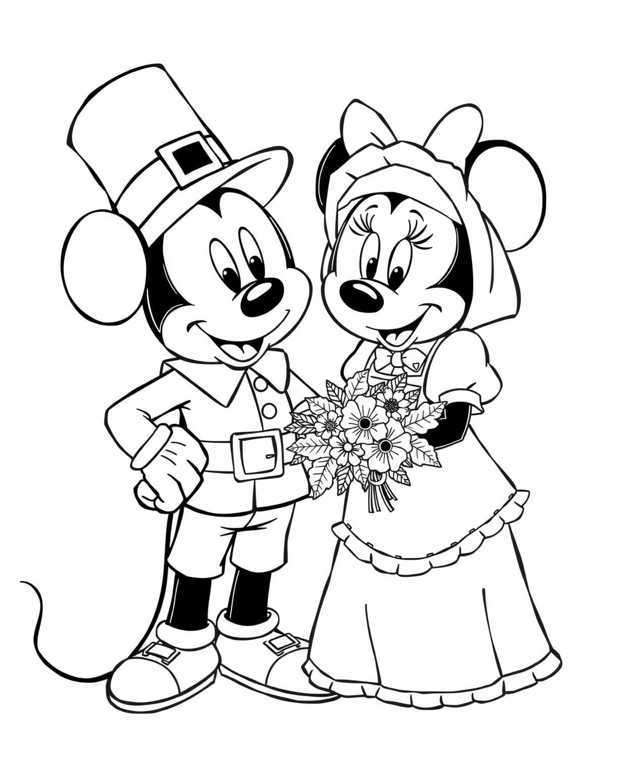 Mickey and Minnie Mouse as Thanksgiving Pilgrims Coloring Page
