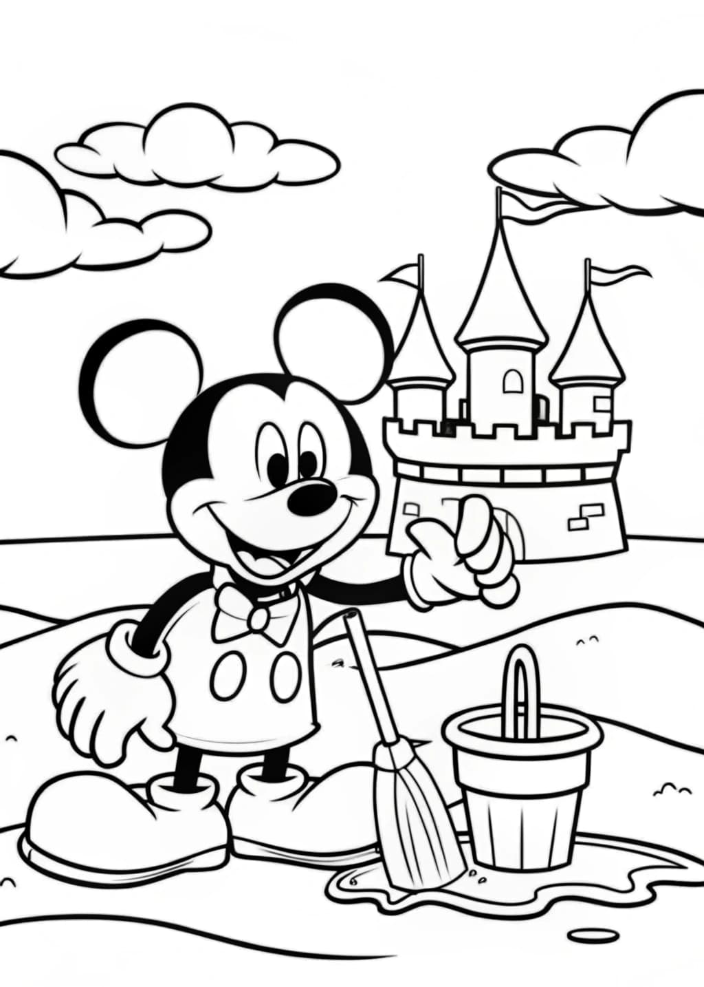 Mickey Mouse Building a Sandcastle Coloring Page