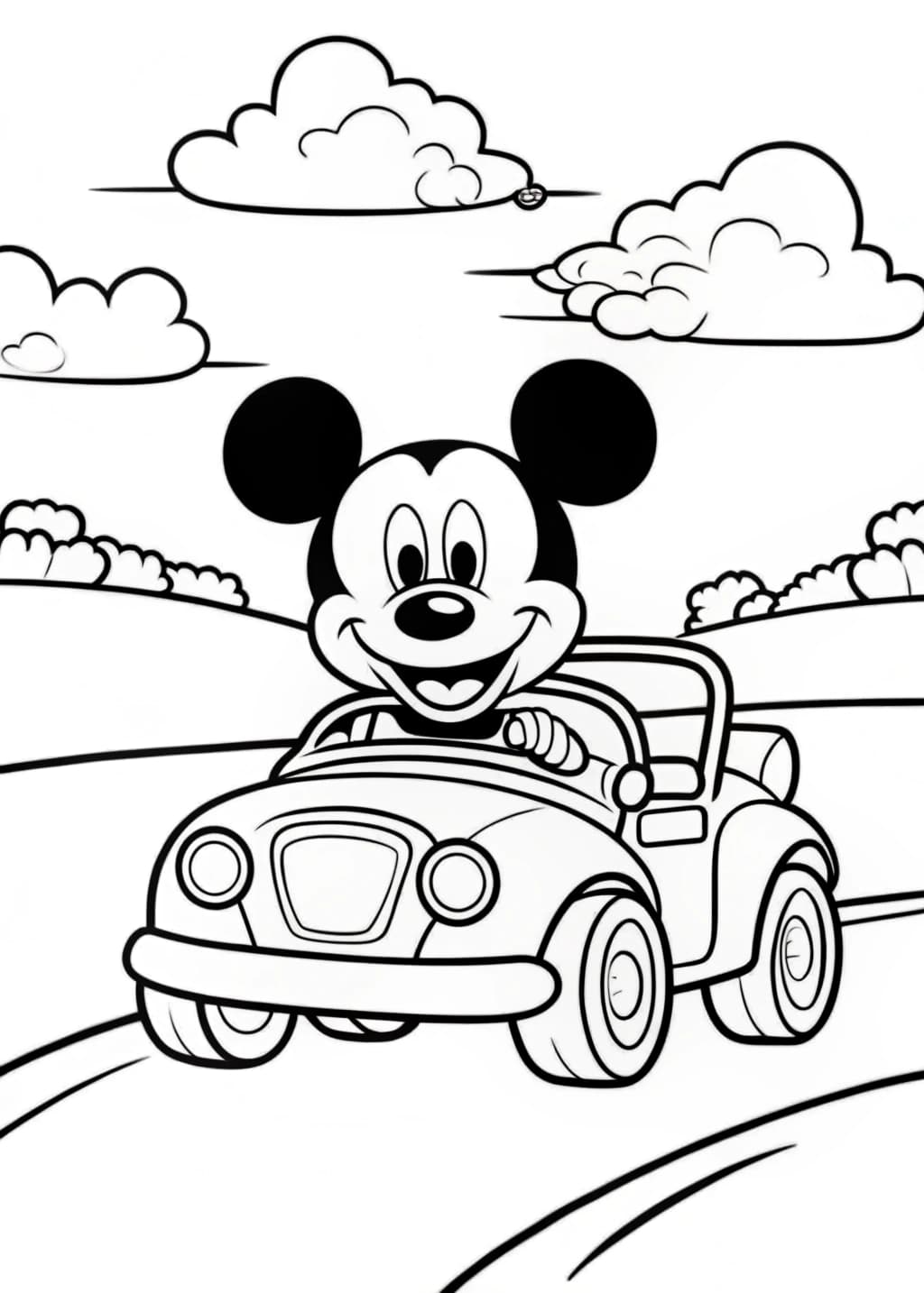 Mickey Mouse Driving a Car Coloring Page