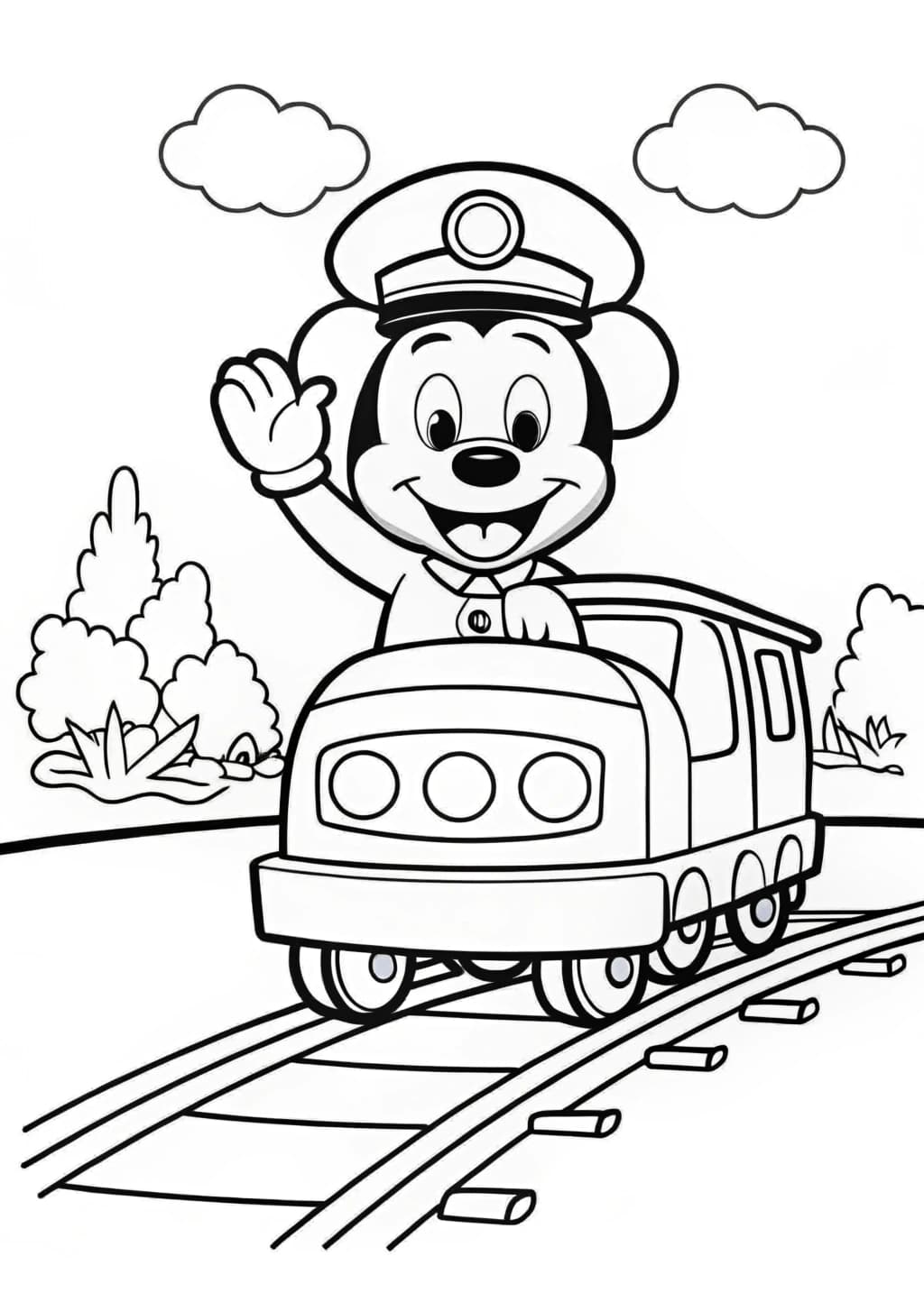 Mickey Mouse Riding a Train Coloring Page
