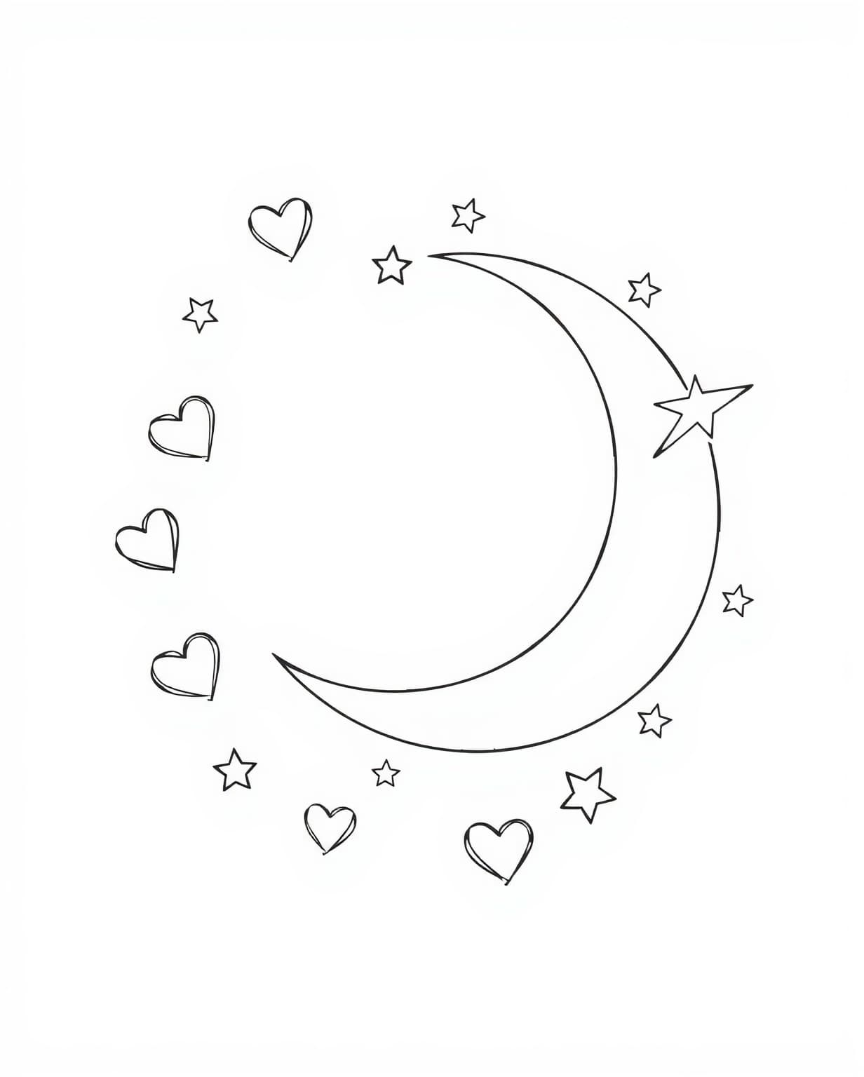 Moon And Stars With Hearts Coloring Page