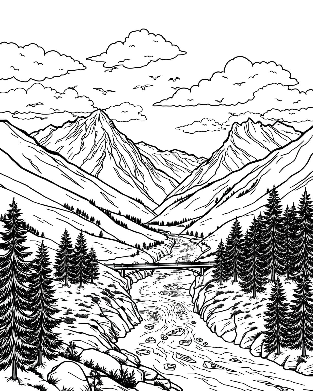 Mountain Landscape with a Flowing River Coloring Page
