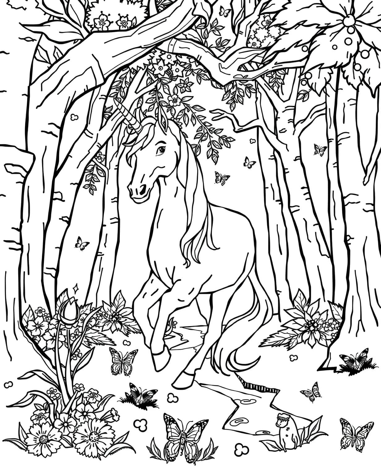 Mythical Unicorn In Forest Coloring Page