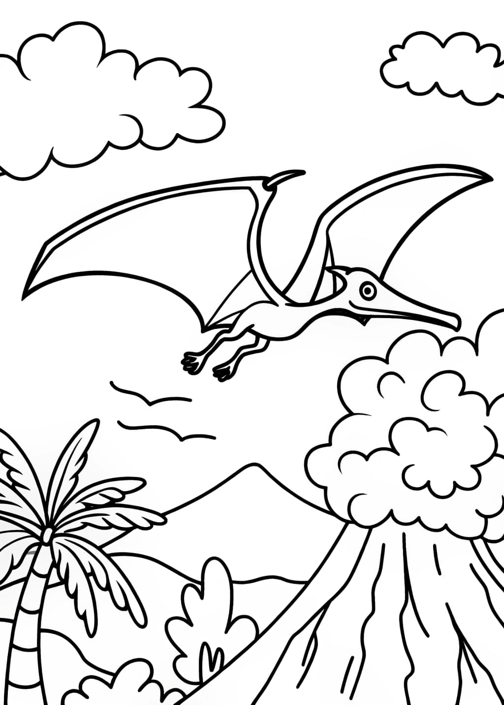 Pterodactyl Soaring Over a Volcano Coloring Page