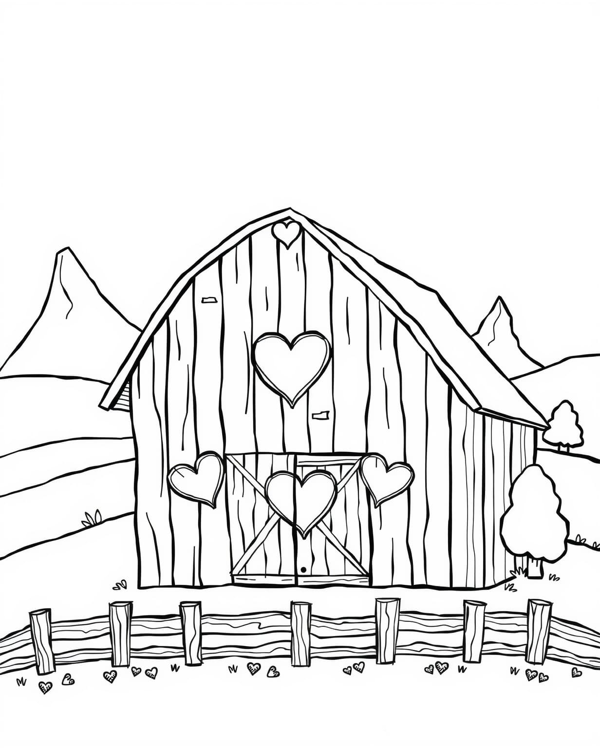 Rustic Barn With Heart Accents Coloring Page