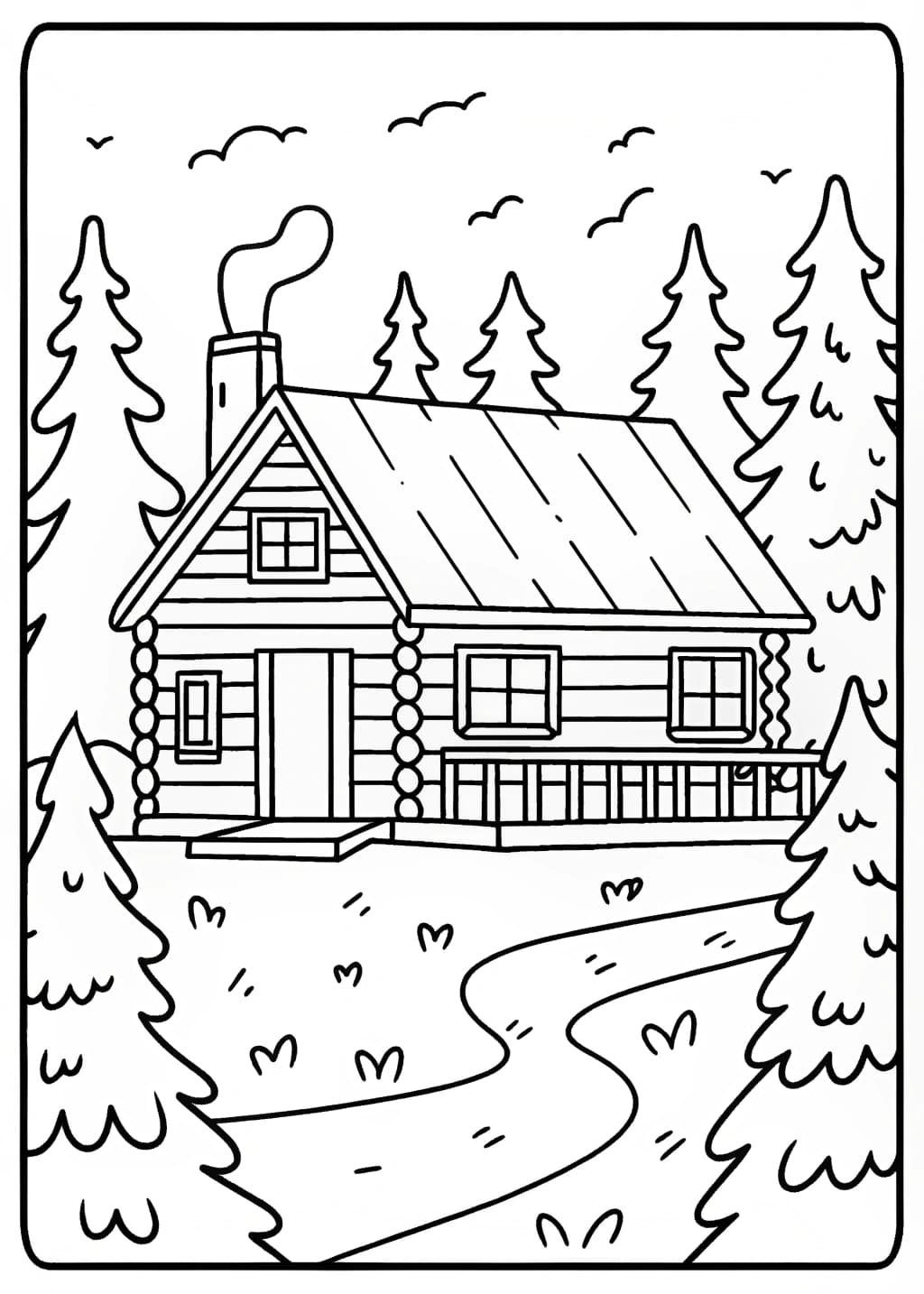 Rustic Cabin in the Woods Coloring Page