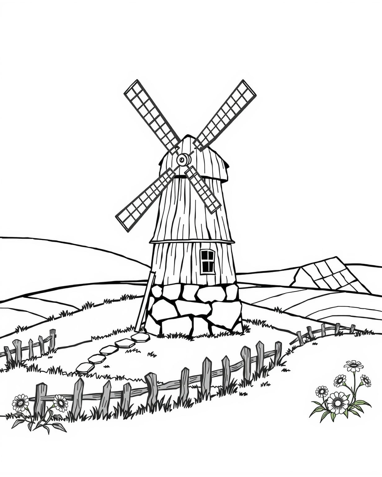 Rustic Windmill in Countryside Coloring Page