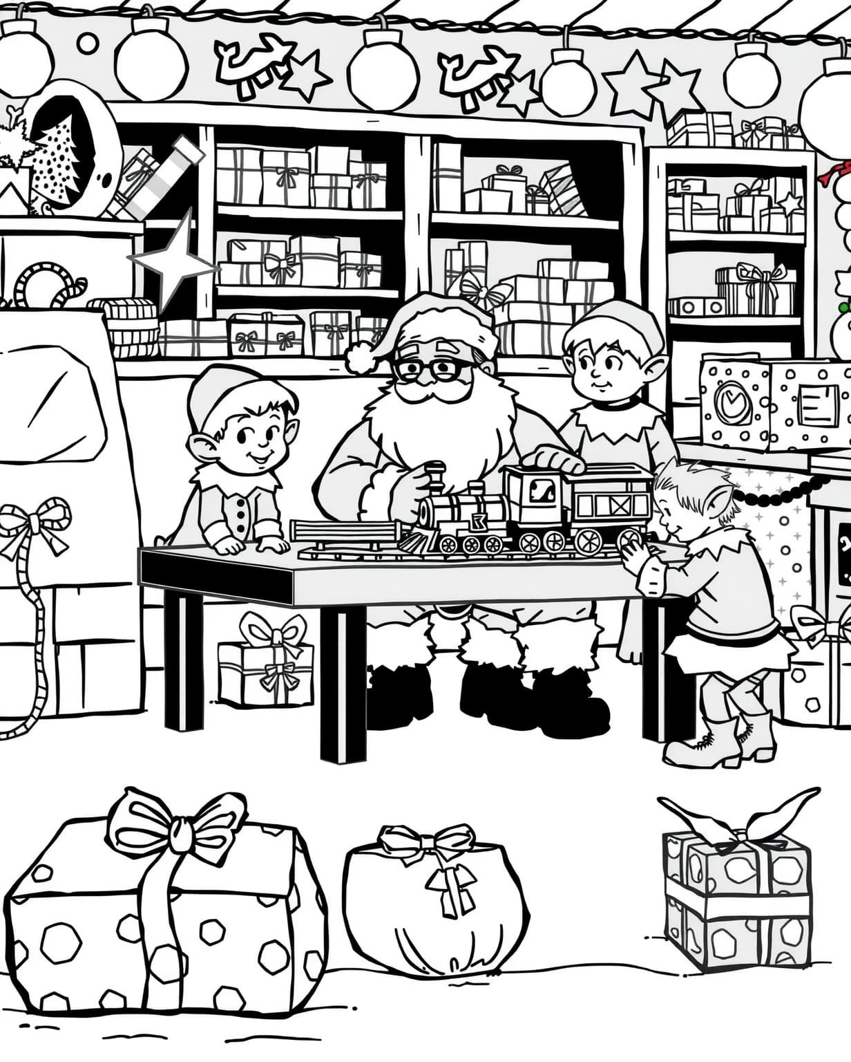 Santa and Elves Coloring Page for Holiday Fun