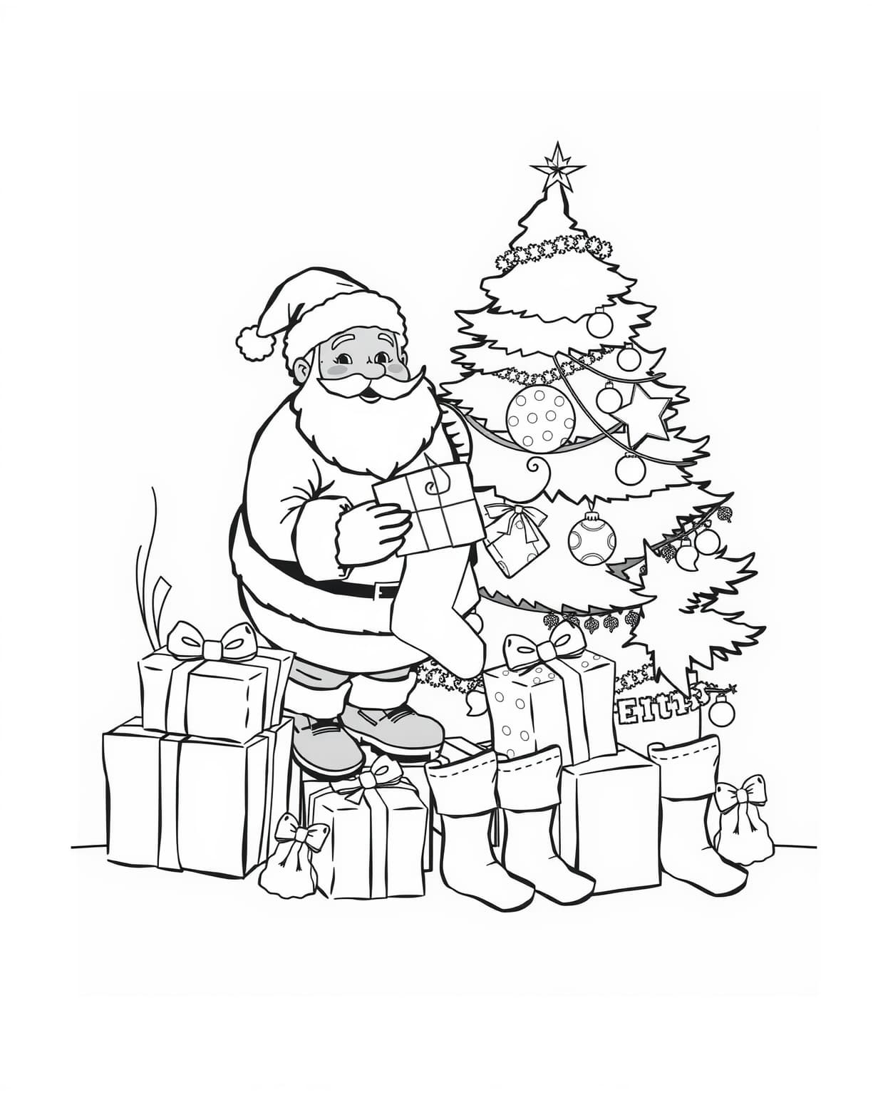 Santa Putting Presents Under A Tree Coloring Page