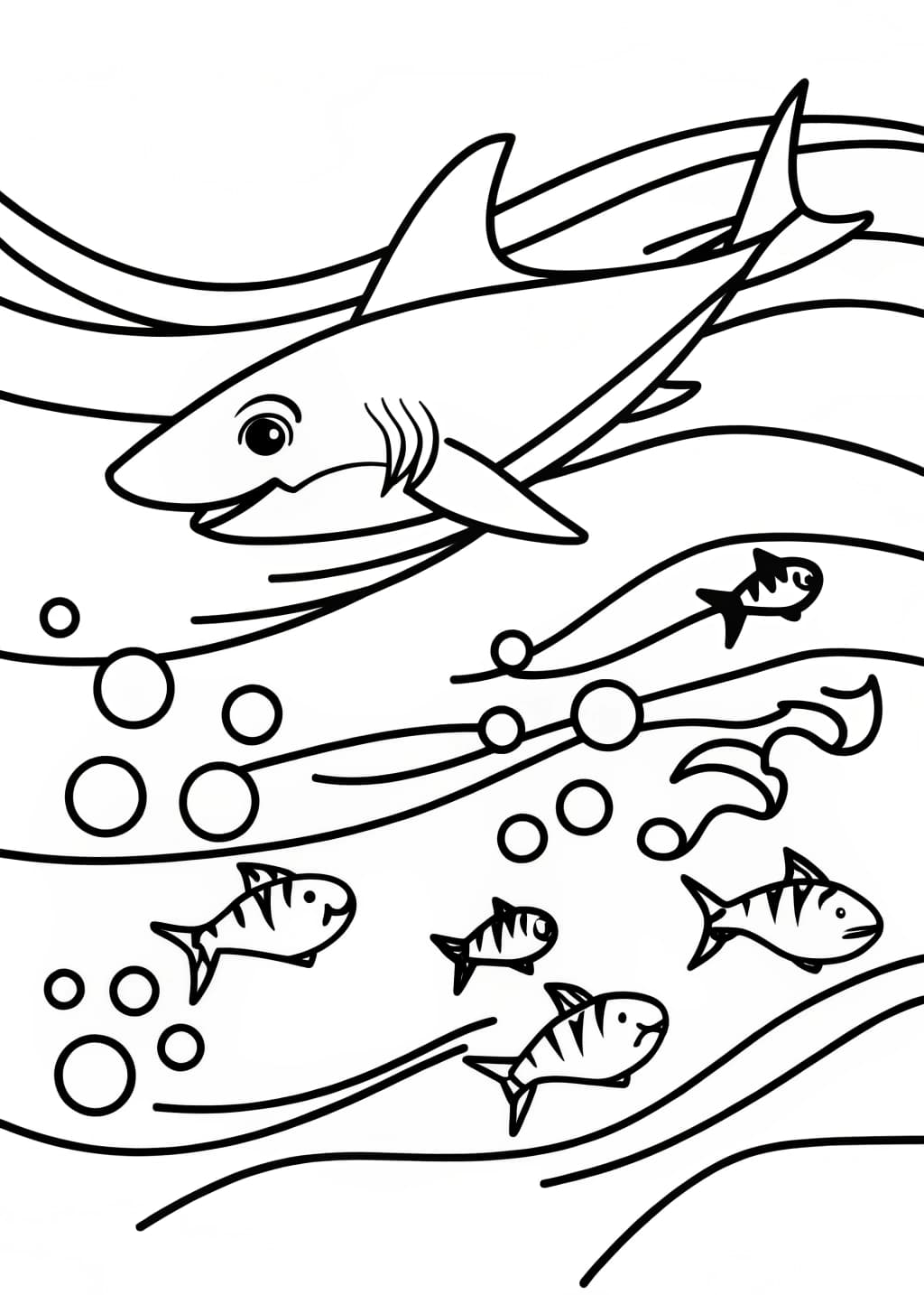 Shark Chasing a School of Fish Coloring Page