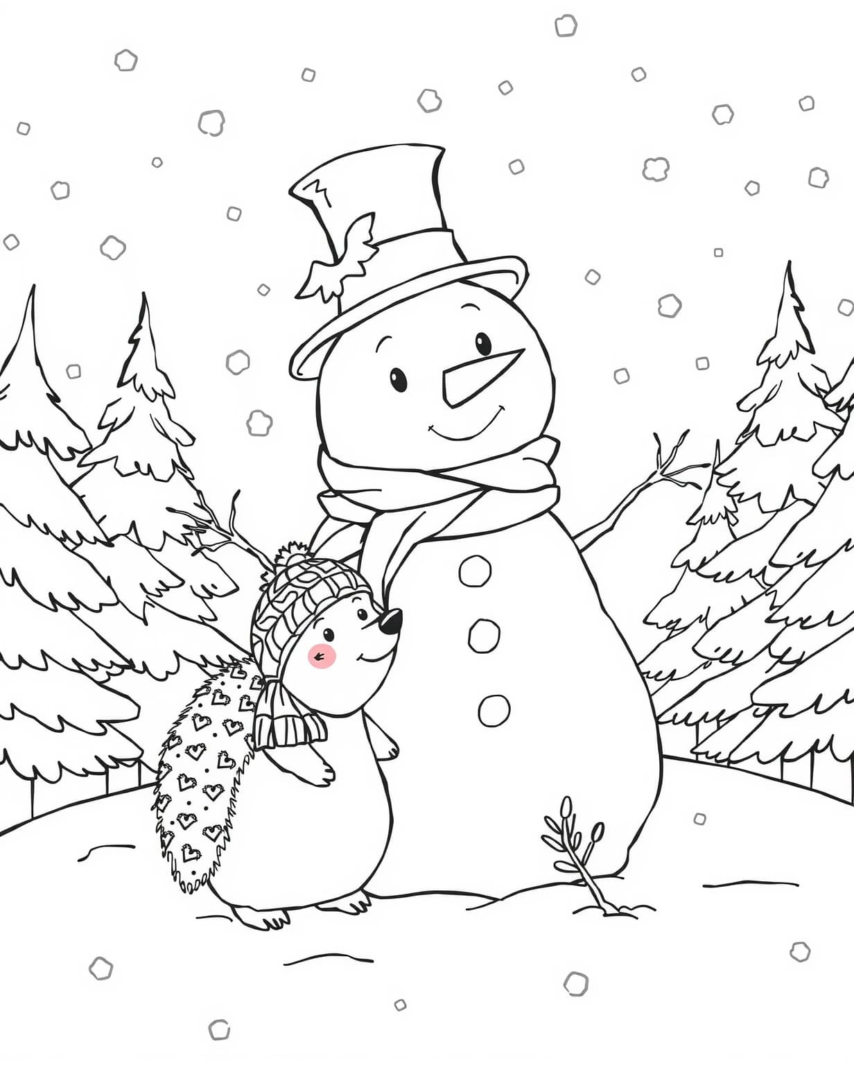 Snowman and Hedgehog in a Snowy Forest Coloring Page