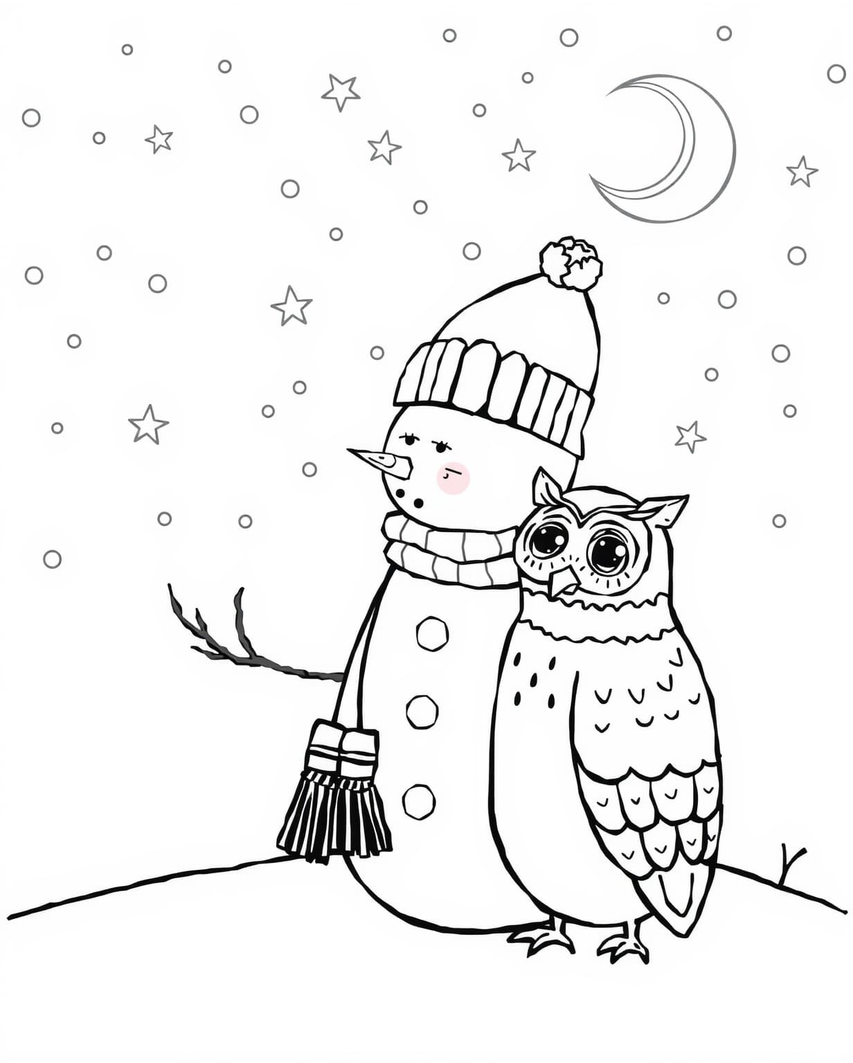 Snowman and Owl Stargazing Coloring Page
