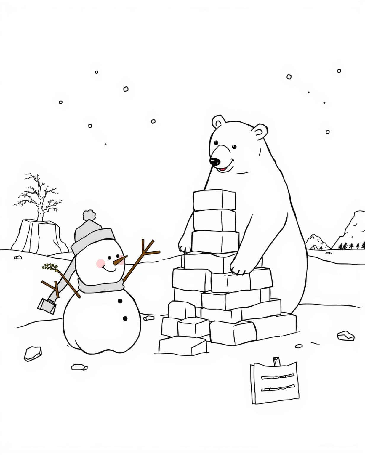 Snowman and Polar Bear Building an Igloo Coloring Page