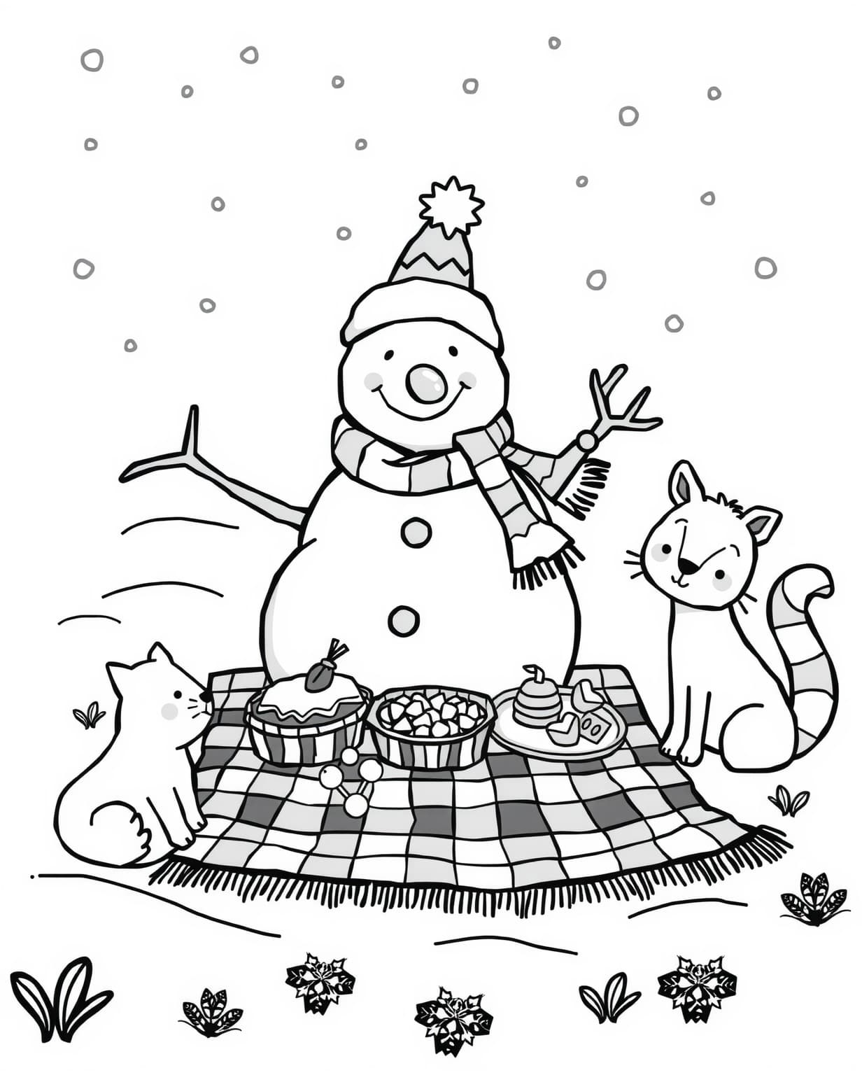 Snowman Hosting a Winter Picnic Coloring Page