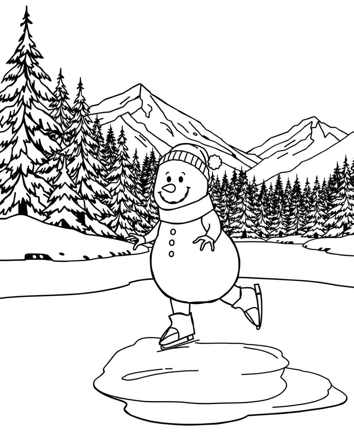 Snowman Ice Skating on a Frozen Lake Coloring Page