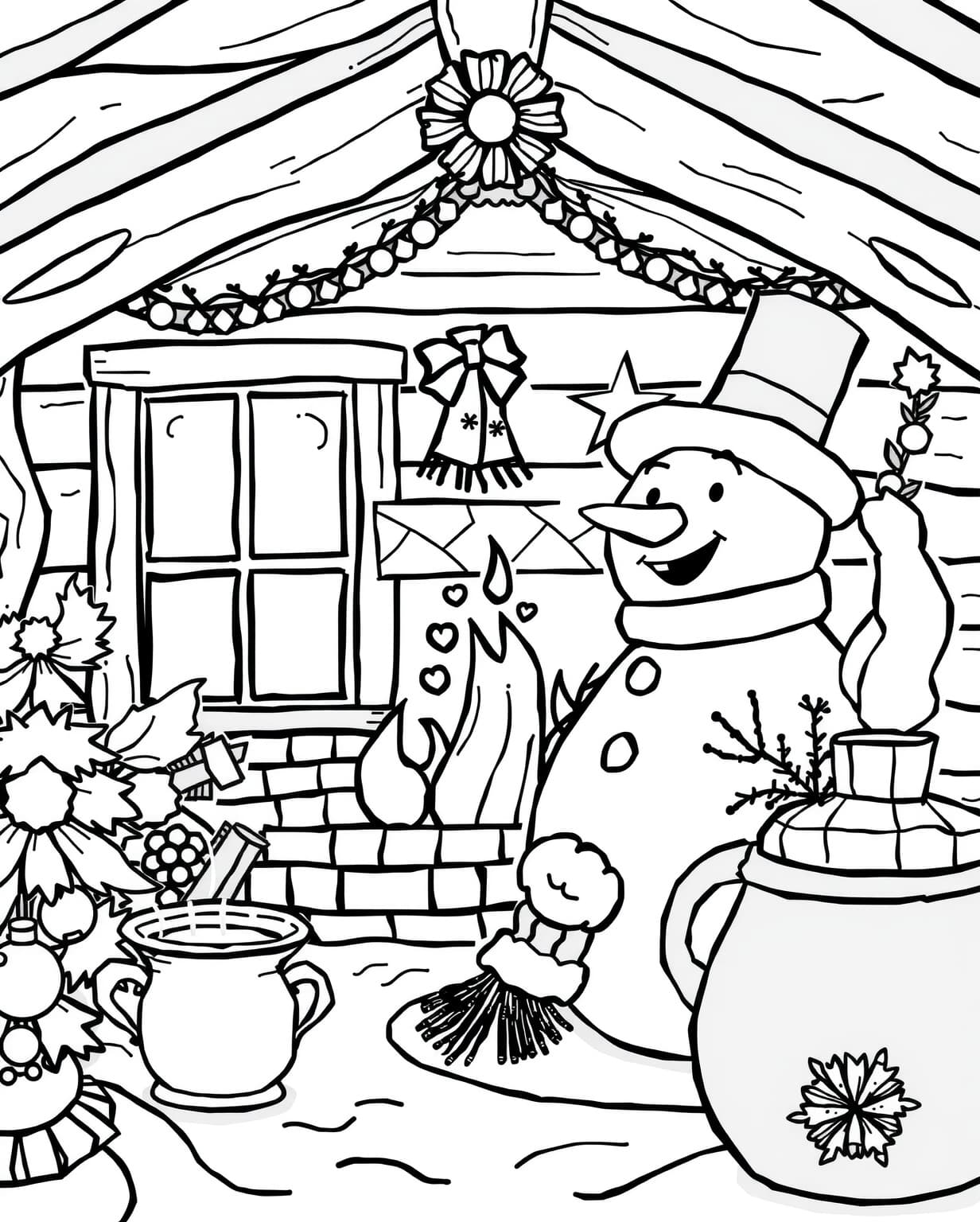 Snowman in a Cozy Winter Cabin Coloring Page