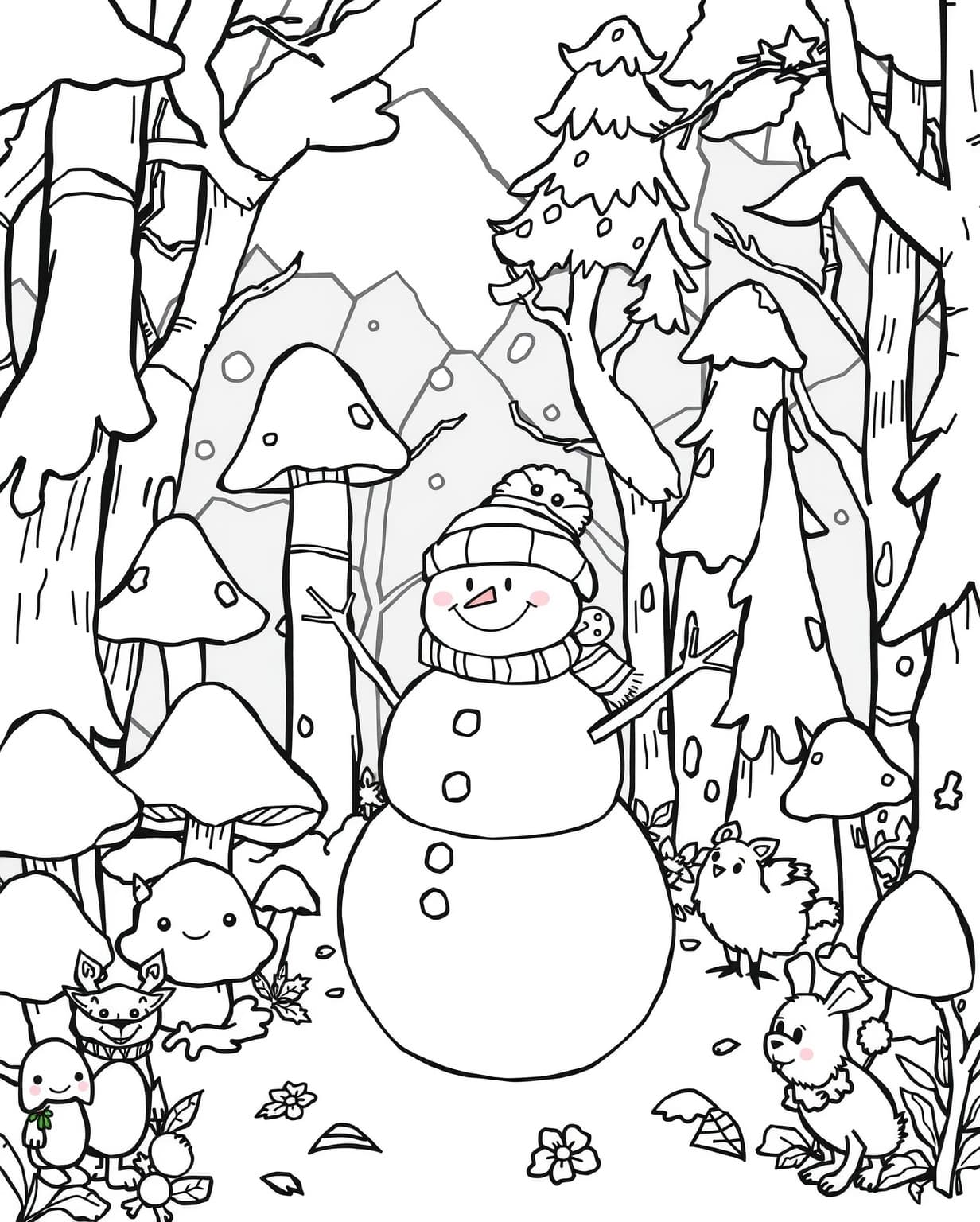 Snowman in a Magical Forest Coloring Page