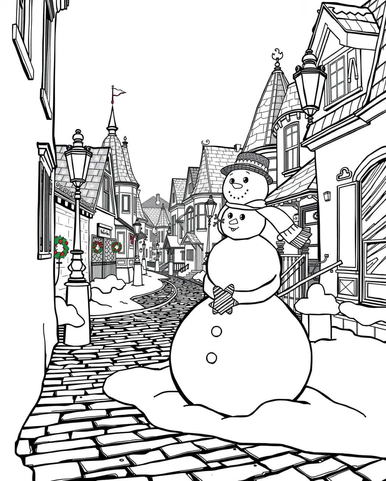 Snowman in a Victorian Christmas Scene Coloring Page