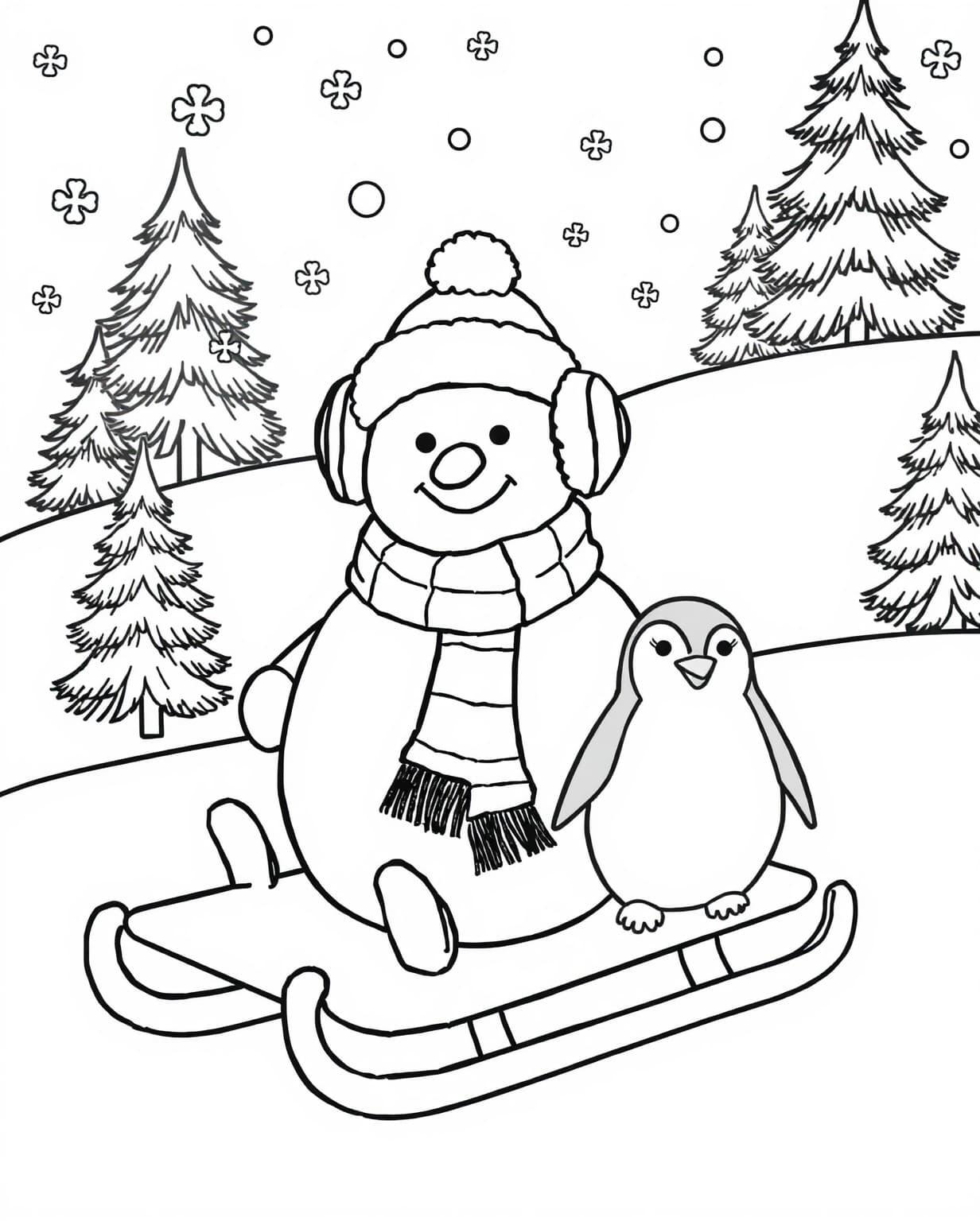 Snowman on a Sled with a Penguin Friend Coloring Page