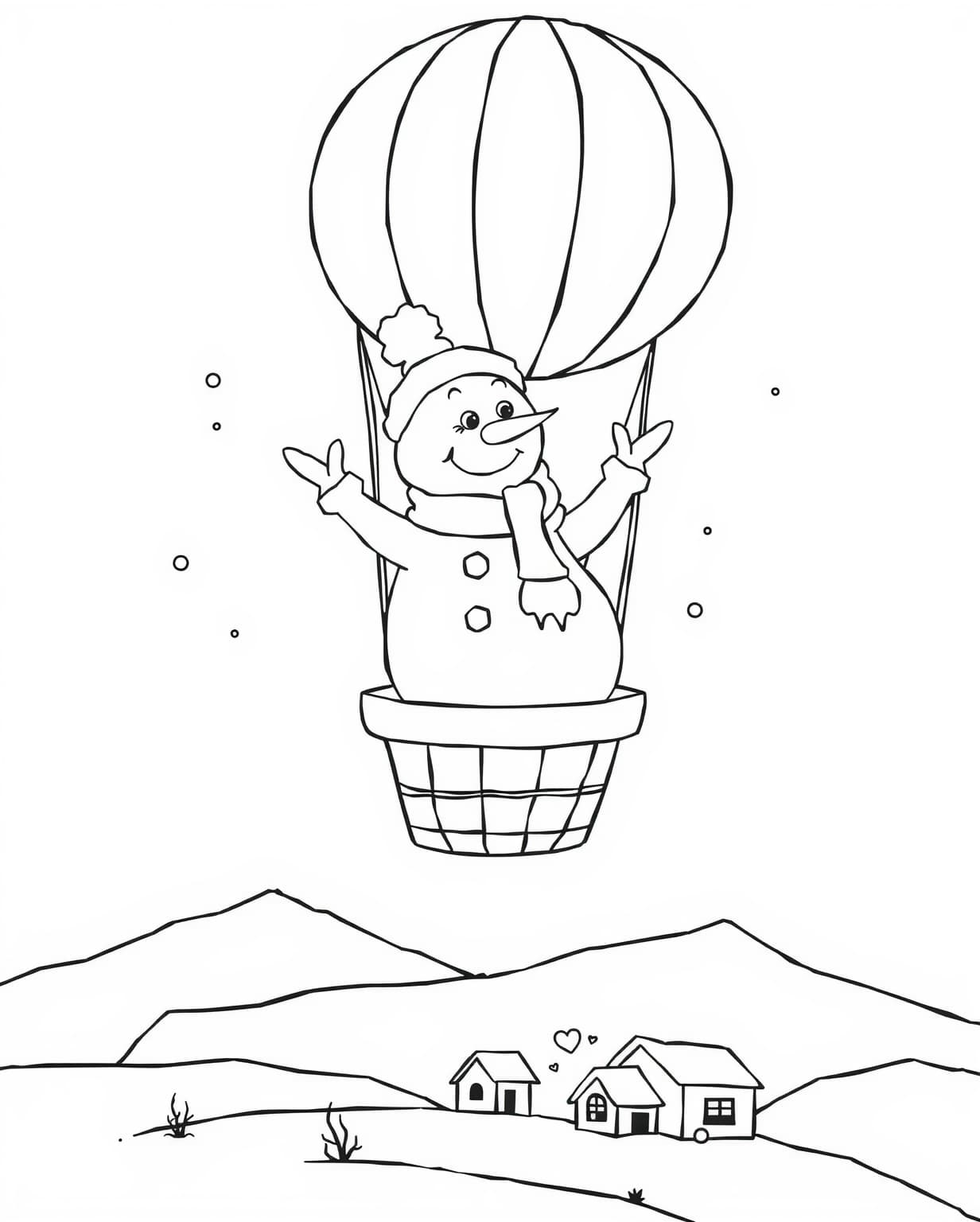 Snowman with a Hot Air Balloon Coloring Page