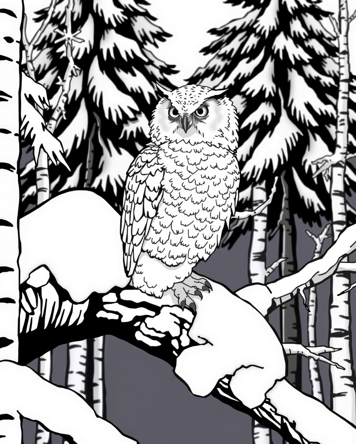 Snowy Owl in Winter Forest Coloring Page