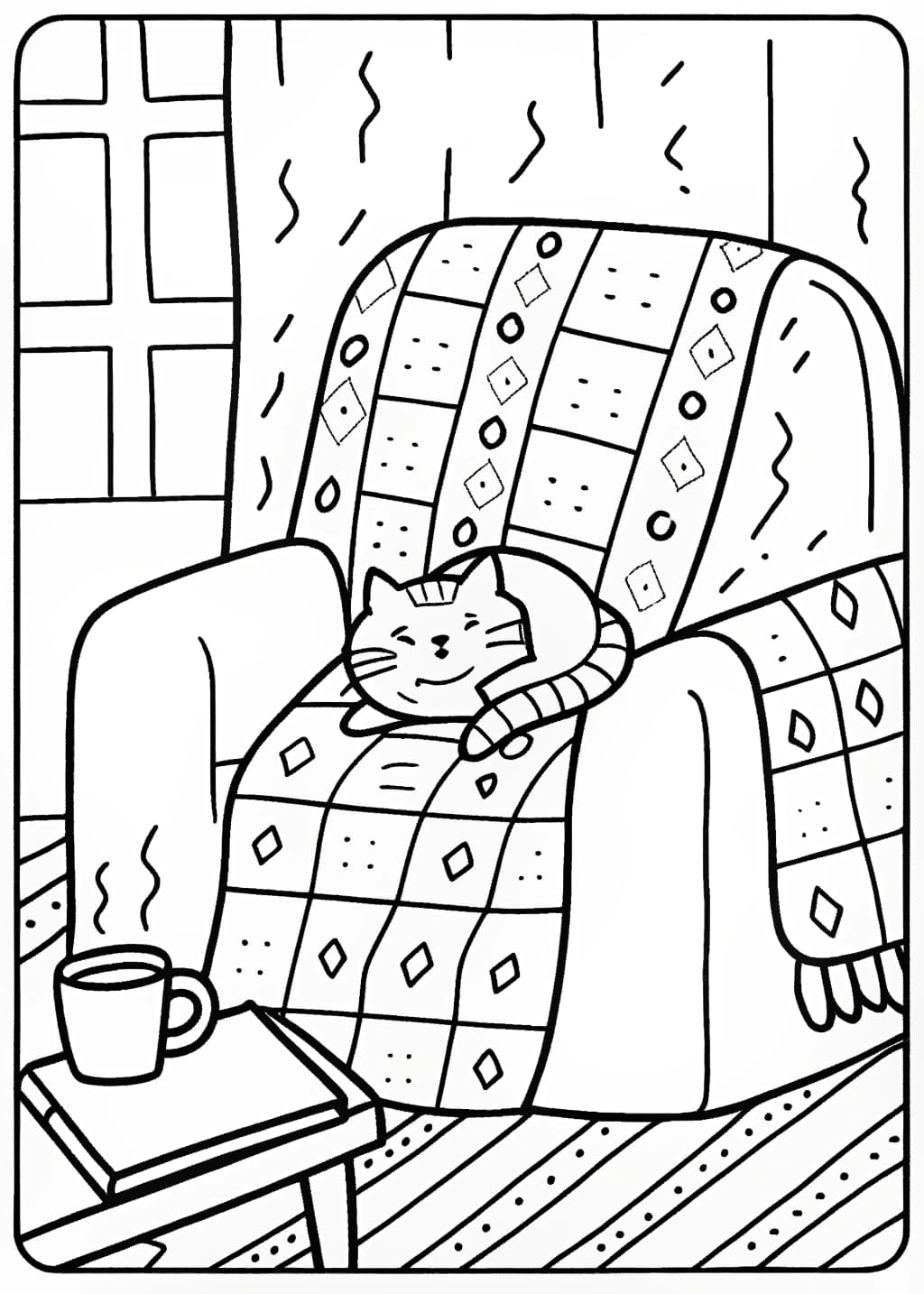 Snuggly Cat on a Blanket Coloring Page