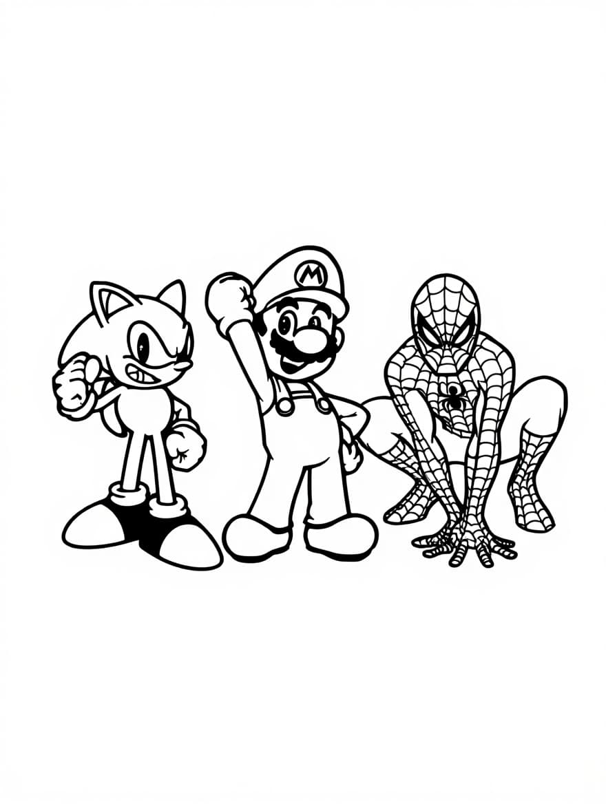Sonic And Mario And Spiderman Coloring Page