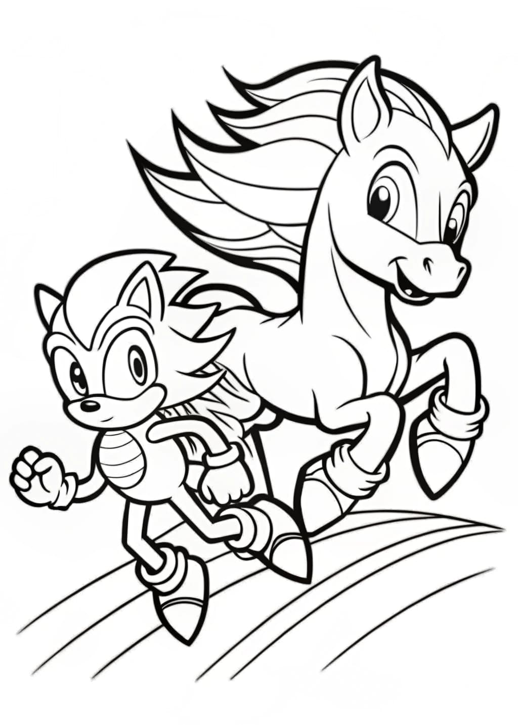 Sonic And Speedy Horse In A Thrilling Race Coloring Page