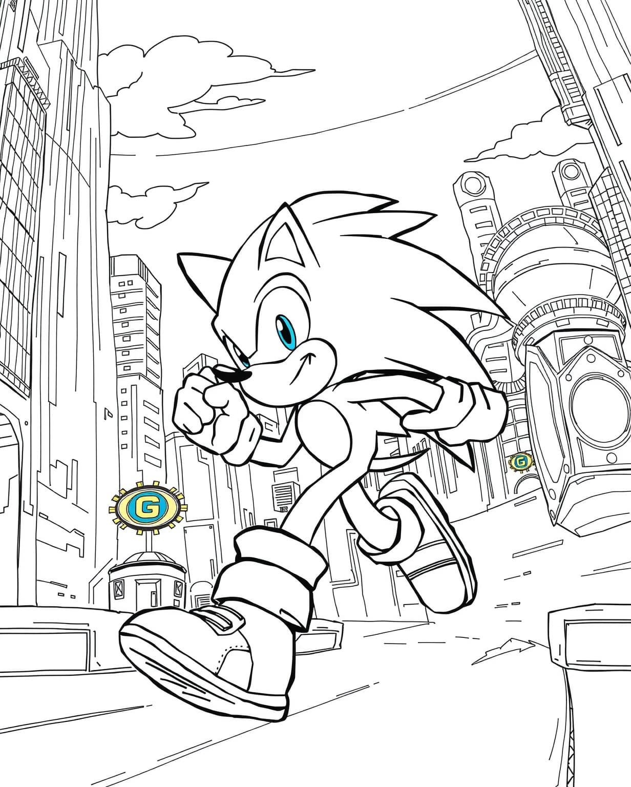Sonic Exploring a Futuristic City Coloring Page