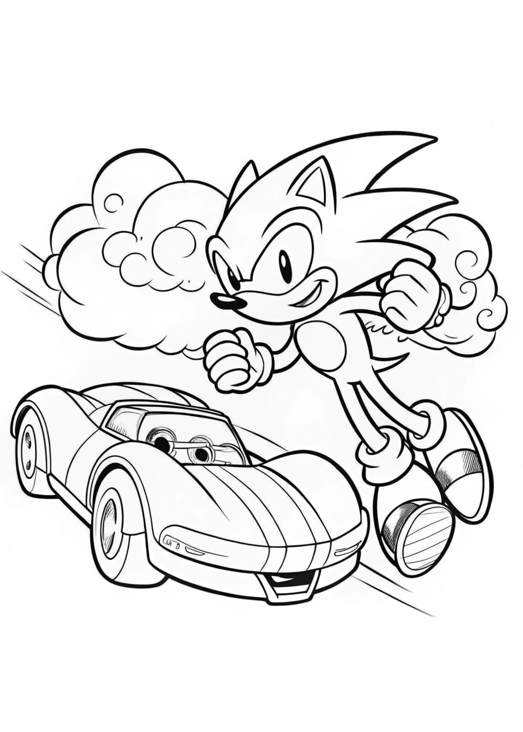 Sonic Racing Against a Fast Car Coloring Sheet