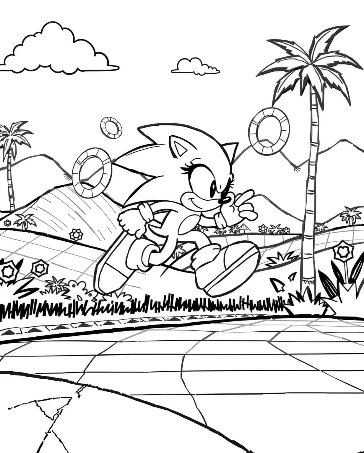 Sonic Sprinting Through Green Hill Zone Coloring Page