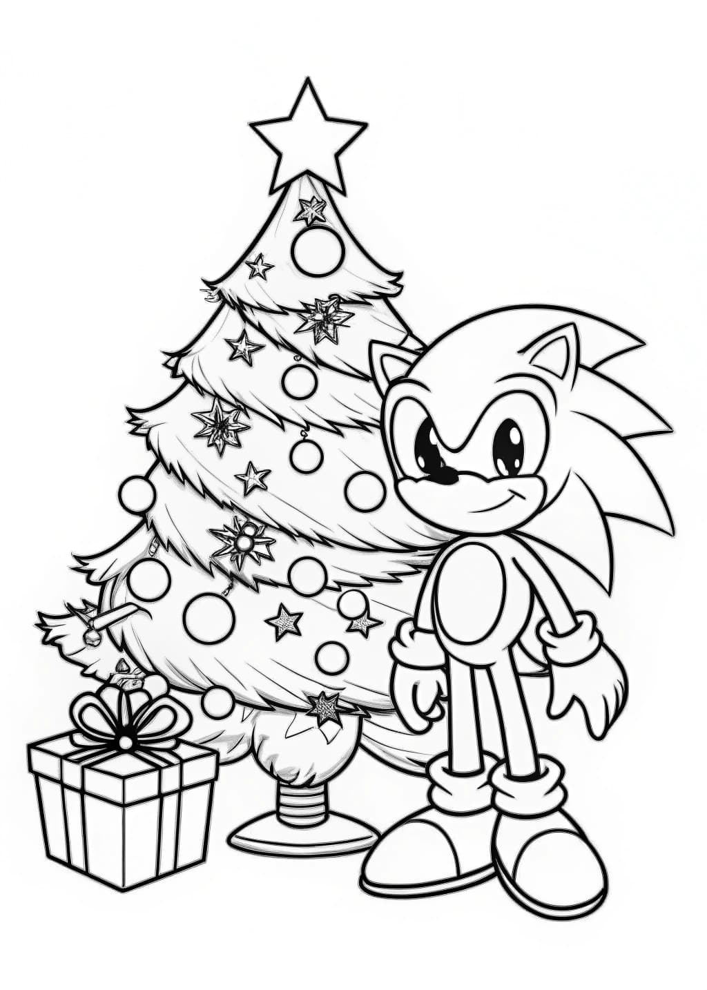 Sonic With a Christmas Tree Coloring Page