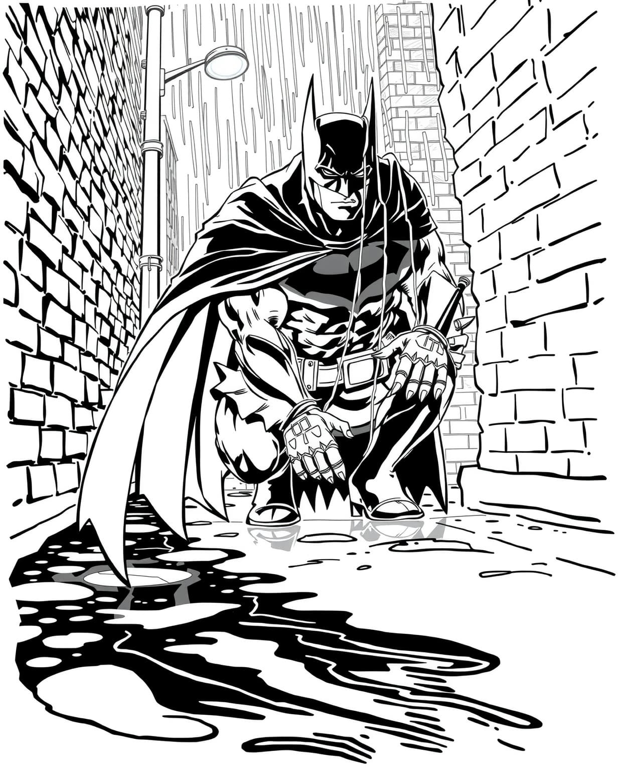 Stealthy Batman in a Rainy Alley Coloring Page