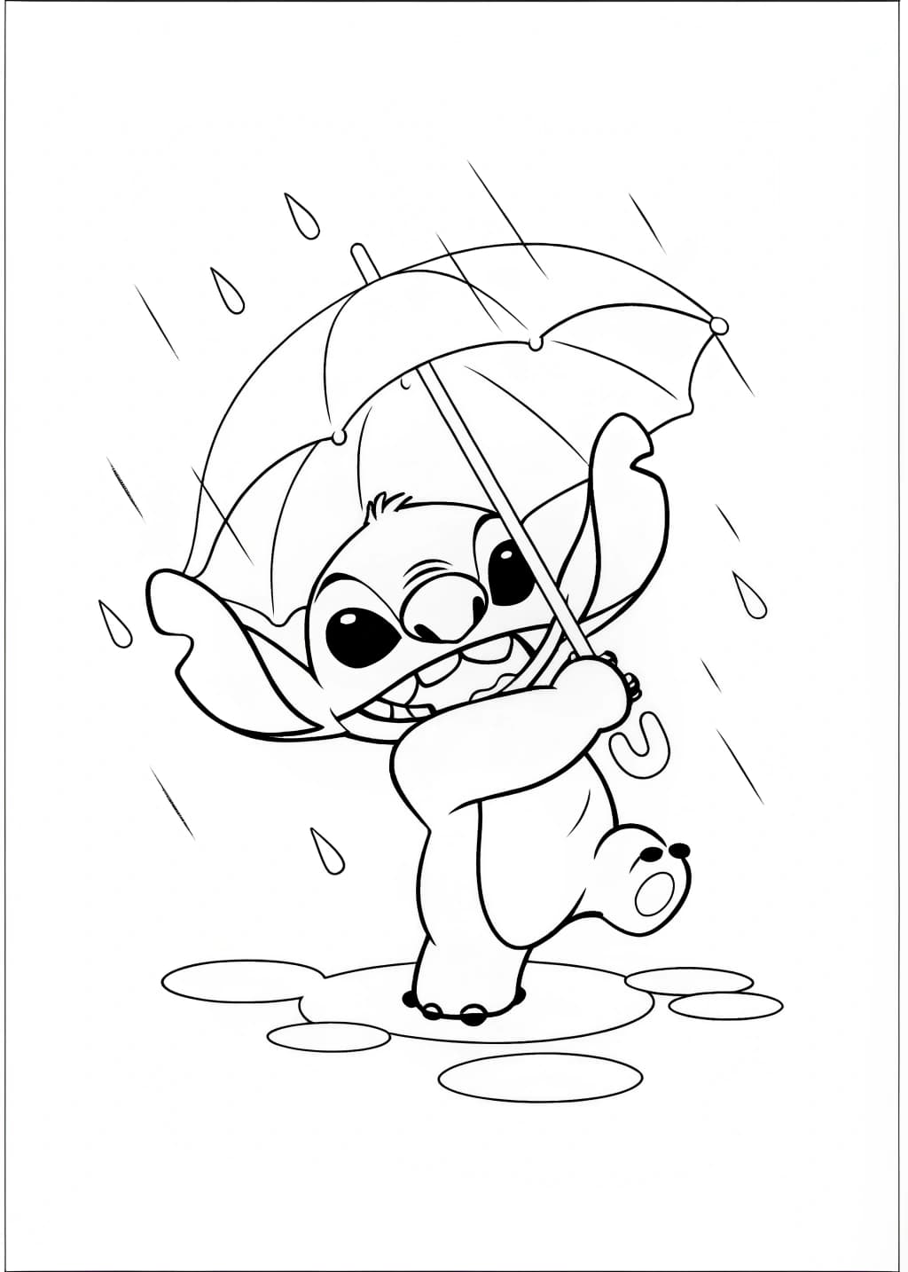 Stitch Playing in the Rain Coloring Page