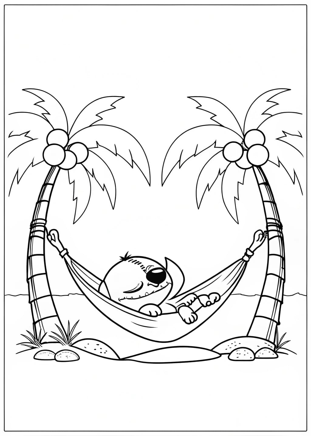 Stitch Sleeping in a Hammock Coloring Page